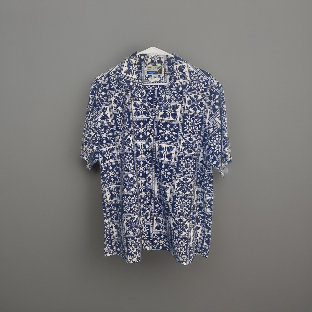 Vtg Makapuu Sportswear Mens Hawaiian Blue‎ Floral Shirt L Print USA Cotton Blend